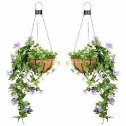 Pair of 26cm Purple Duranta Artificial Hanging Basket with Solar Lights by Primrose™