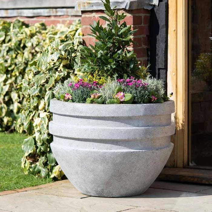 Round Double Rimmed 80cm Handmade Fiberstone Planter in Grey - Exclusive to Primrose 1 Round Double Rimmed 80cm Handmade Fiberstone Planter in Grey - Exclusive to Primrose