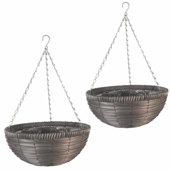 Set of Two 36cm Faux Rattan Hanging Basket Planters in Slate by Smart Garden 1 Set of Two 36cm Faux Rattan Hanging Basket Planters in Slate by Smart Garden