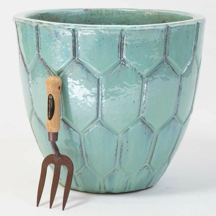 40cm Tile Effect Glazed Blue Ceramic Bowl Planter - Small 2 40cm Tile Effect Glazed Blue Ceramic Bowl Planter - Small - Image 2