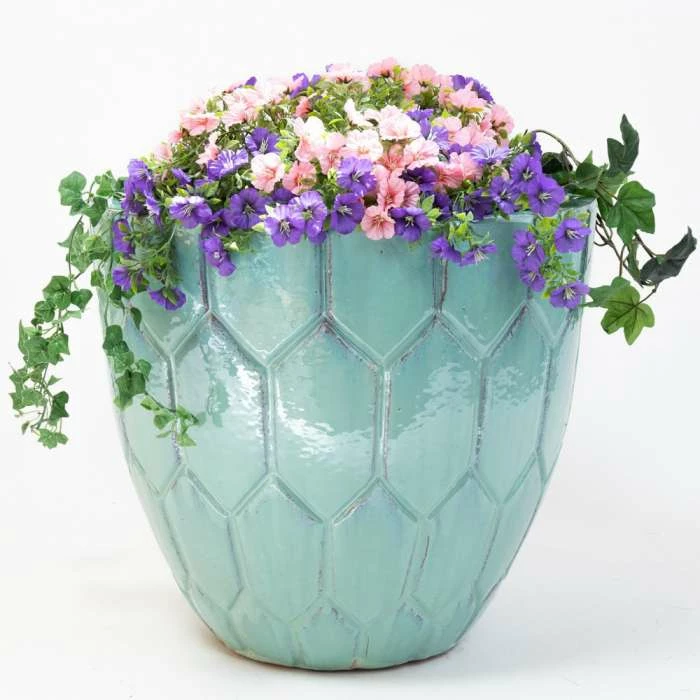 50cm Tile Effect Glazed Blue Ceramic Bowl Planter - Large 3 50cm Tile Effect Glazed Blue Ceramic Bowl Planter - Large - Image 3