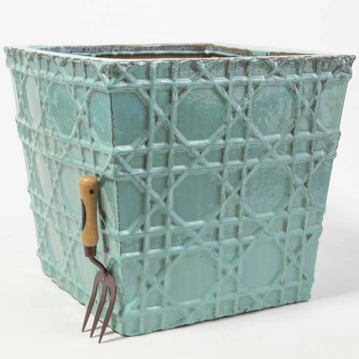 50cm Thales Glazed Blue Geometric Pattern Cube Planter - Large 2 50cm Thales Glazed Blue Geometric Pattern Cube Planter - Large - Image 2