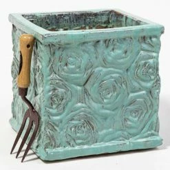 30cm Glazed Blue Ceramic Rose Patterned Cube Planter - Small -Cheap PLANTERS Store PP7990 add image 1 284d