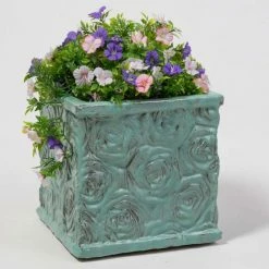 30cm Glazed Blue Ceramic Rose Patterned Cube Planter - Small -Cheap PLANTERS Store PP7990 add image 2 d280