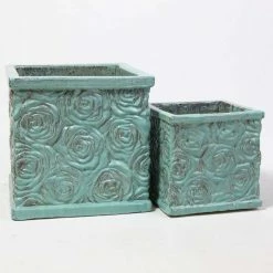 30cm Glazed Blue Ceramic Rose Patterned Cube Planter - Small -Cheap PLANTERS Store PP7990 add image 4 45f0