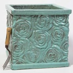 42cm Glazed Blue Ceramic Rose Patterned Cube Planter - Large -Cheap PLANTERS Store PP7991 add image 1 6cf0