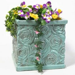 42cm Glazed Blue Ceramic Rose Patterned Cube Planter - Large -Cheap PLANTERS Store PP7991 add image 2 a1ff