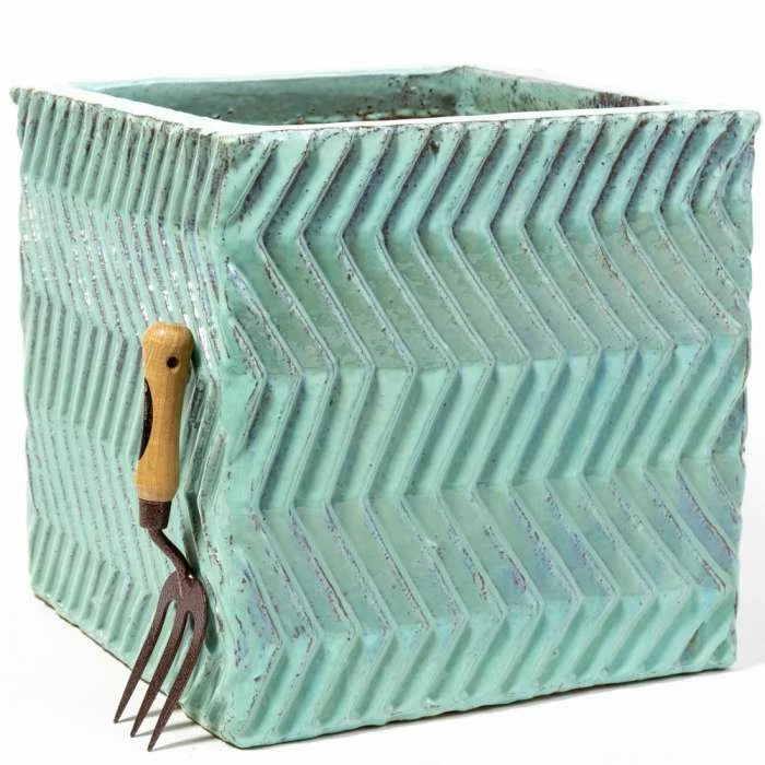 42cm Glazed Blue Ceramic Zig Zag Pattern Cube Planter - Large 2 42cm Glazed Blue Ceramic Zig Zag Pattern Cube Planter - Large - Image 2