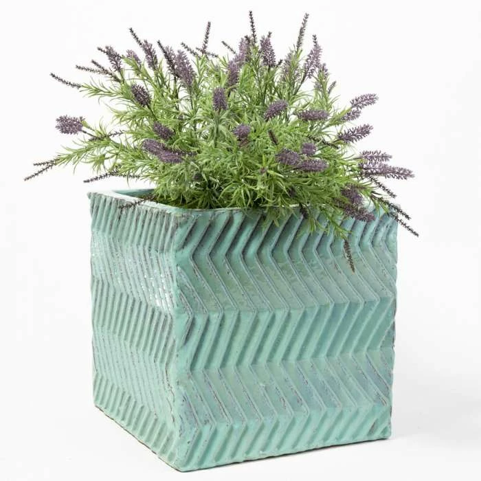 42cm Glazed Blue Ceramic Zig Zag Pattern Cube Planter - Large 3 42cm Glazed Blue Ceramic Zig Zag Pattern Cube Planter - Large - Image 3