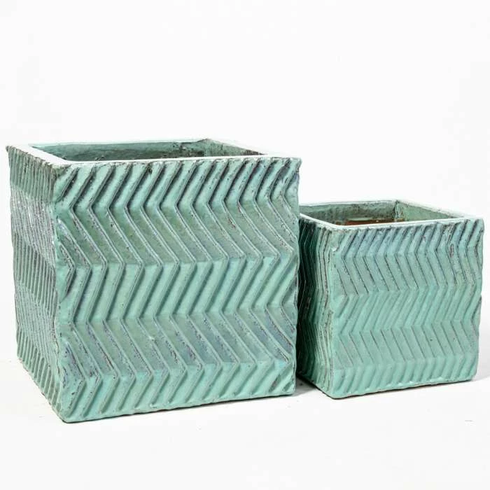 42cm Glazed Blue Ceramic Zig Zag Pattern Cube Planter - Large 5 42cm Glazed Blue Ceramic Zig Zag Pattern Cube Planter - Large - Image 5