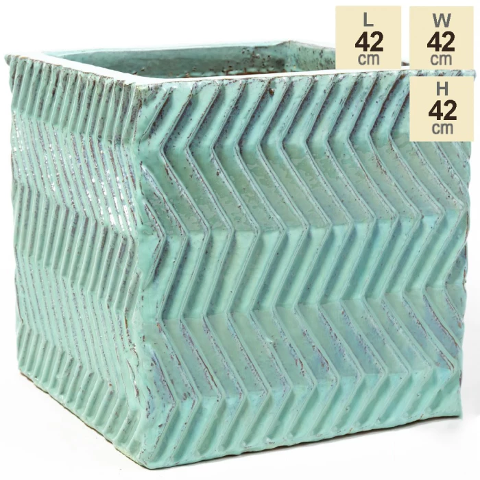 42cm Glazed Blue Ceramic Zig Zag Pattern Cube Planter - Large 6 42cm Glazed Blue Ceramic Zig Zag Pattern Cube Planter - Large - Image 6